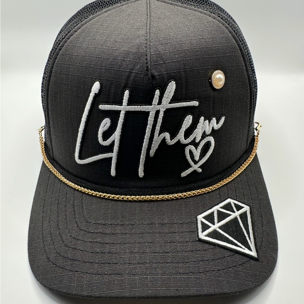Black Cap with White Embroidery and Gold Chain